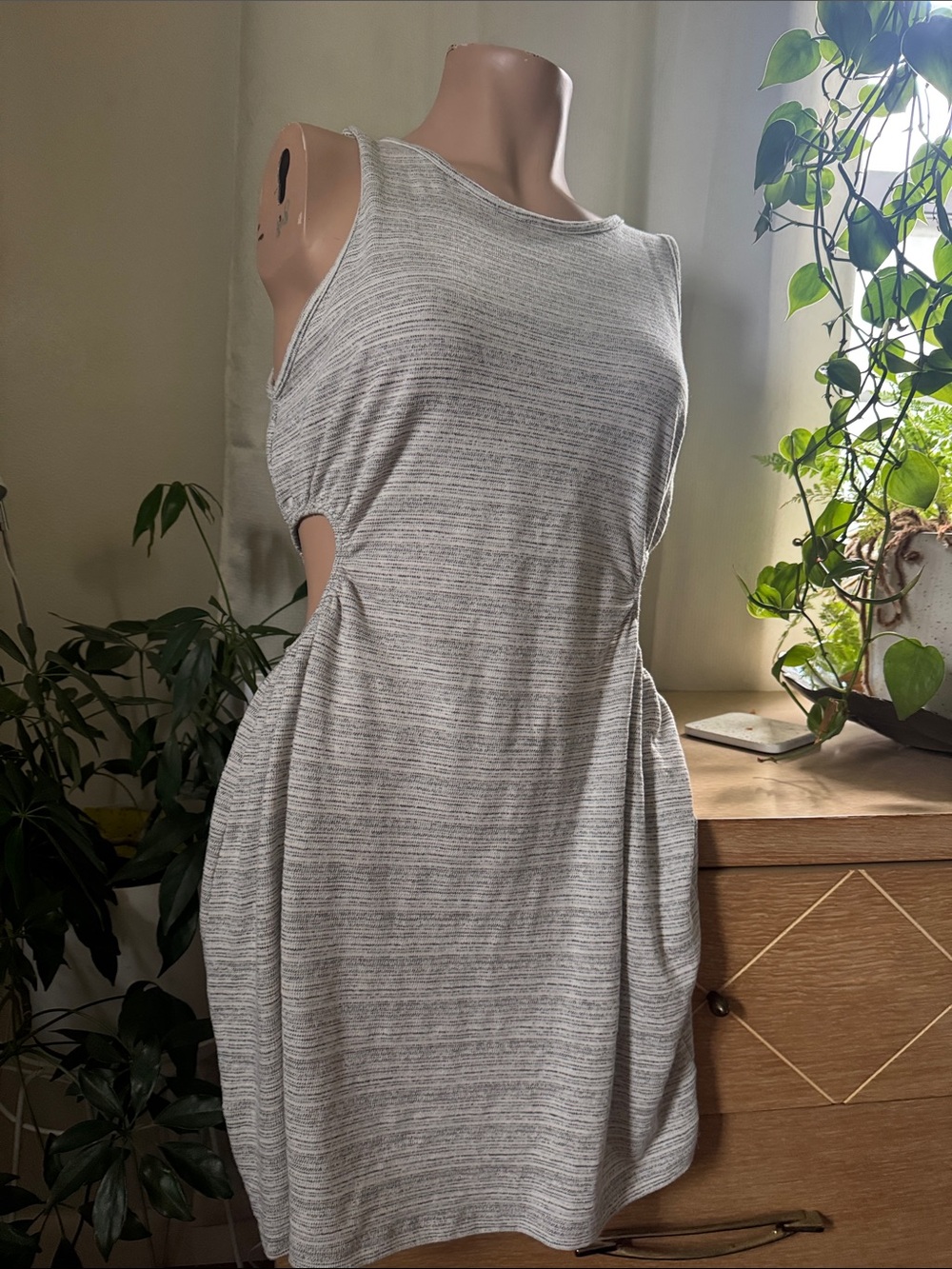 Caution To The Wind Gray Striped Side-Cut Mini Dress